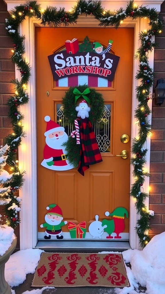 A Christmas door decorated with Santa and elves, surrounded by lights and a wreath.